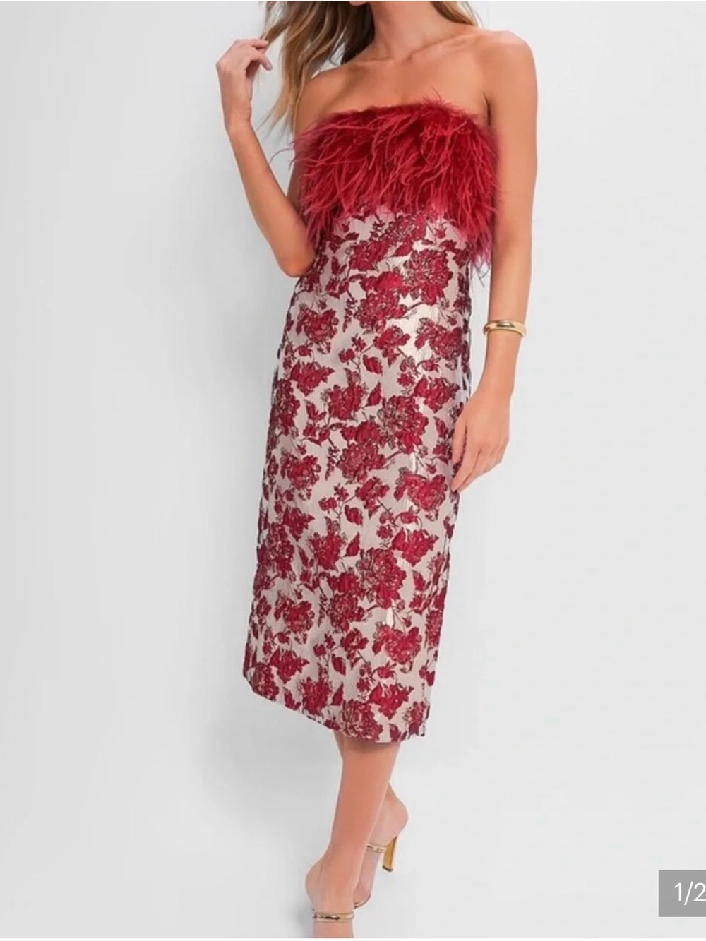 NWT Tuckernuck Red Feather Trim Floral Mini Dress
